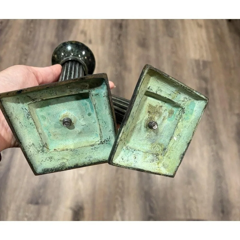 Vintage Green Patina Metal Fluted Column Candle Holders Pair 7